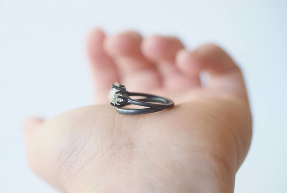 Wedding Set Oxidized or Bright Silver Ring Raw Stone Engagement Rings - Picture 2 of 10